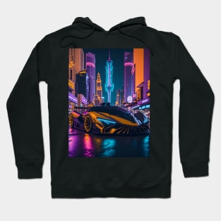 Dark Neon Sports Car in Japanese Neon City Hoodie